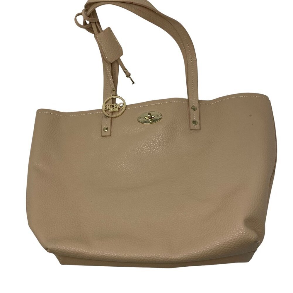 BCBG Paris Beige Pebbled Faux Leather Tote Bag Gold Turnlock & Padlock
